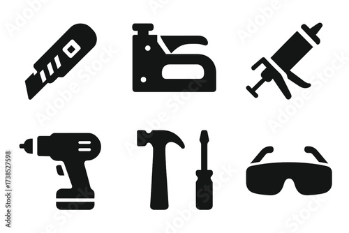 Insulation Tools Icons. Solid, filled icon set of insulation tools: utility knife, staple gun, measuring tape, caulking gun, drill, hammer, screwdriver, safety