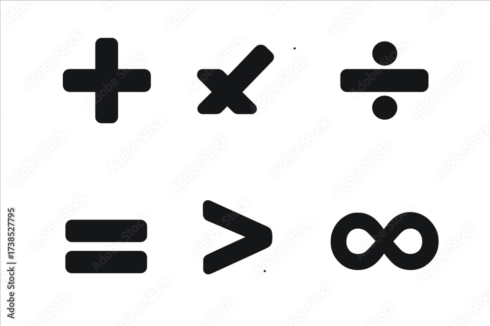 Fototapeta premium Mathematical Symbols Grid. Solid, filled icon set of mathematical symbols: plus, minus, multiplication, division, equal, greater than, less than, infinity.