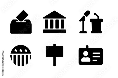 Political Influence Icons. Solid, filled icon set of political influence: ballot box, government building, microphone, podium, campaign button, protest sign,