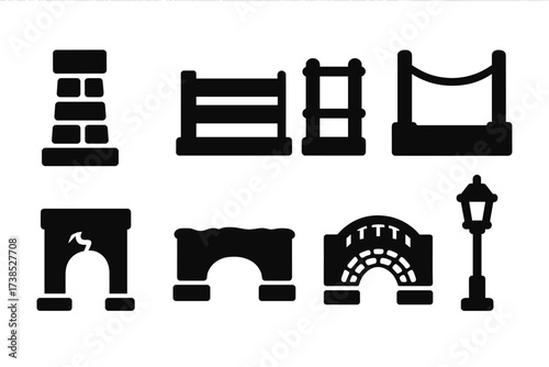 Old Bridge Icon Set. Solid, filled icon set of old bridge features: stone pillar, wooden plank, iron railing, rope support, cracked arch, mossy surface,