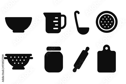 Kitchenware Icon Set. Solid, filled icon set of stirring kitchenware: mixing bowl, measuring jug, ladle, sieve, colander, storage jar, rolling pin, cutting