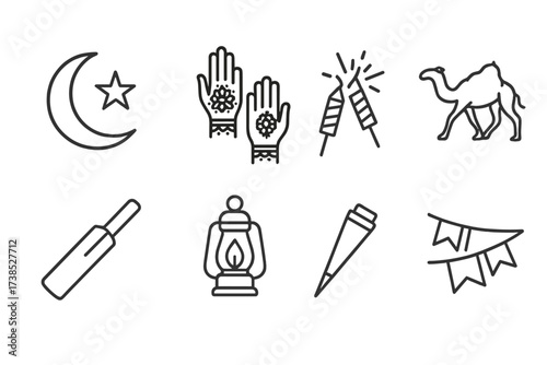 Indian and Pakistani Icon Set. Outline icon set of Indian spices and herbs: cardamom pods, turmeric root, cinnamon sticks, chili peppers, cumin