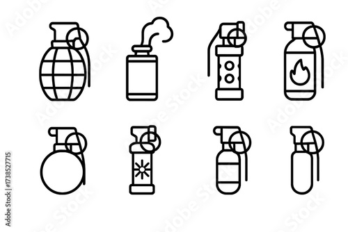 Grenade Icon Set. Outline icon set of grenade types for launcher: fragmentation grenade, smoke grenade, stun grenade, incendiary grenade, gas grenade, practice