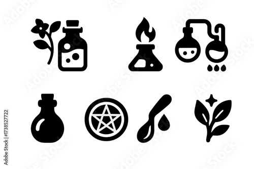 Herbal Alchemy Icons. Solid, filled icon set of herbal alchemy: belladonna extract, magic vial, alchemist flame, herb distiller, elixir bottle, transmutation