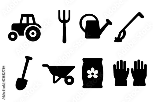 Farmer Equipment Icons. Solid, filled icon set of farmer equipment: tractor, pitchfork, watering can, plow, hoe, wheelbarrow, seed bag, gloves. [Line icons in