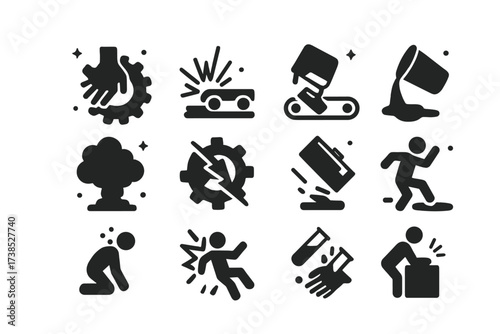 Industrial Hazard Icons. Factory accidents. Solid icons set of hand caught in gear, sparks flying, conveyor belt hazard, molten metal spill, smoke cloud,