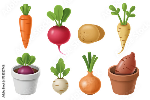 Cartoon vegetables including carrots potatoes onions turnips beets and sweet potatoes arranged for a colorful and healthy food illustration about gardening and nutrition