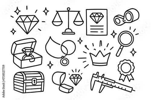 Diamond Grading Icons. Hand-drawn doodle illustration diamond grading diamond, scale, certificate, loupe, magnifying glass, sparkle stars, jewelry box, ring,