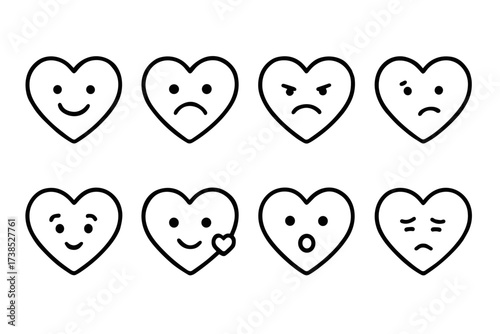 Heart Emotions Icons. Outline icon set of heart emotions: happy heart, sad heart, angry heart, confused heart, shy heart, loving heart, surprised heart, tired