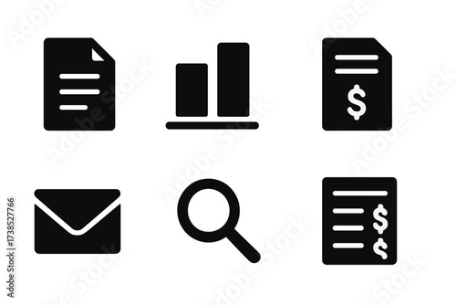Monthly Statement Icons. Solid, filled icon set of monthly statements: document icon, bar graph, summary sheet, dollar column, envelope mail,