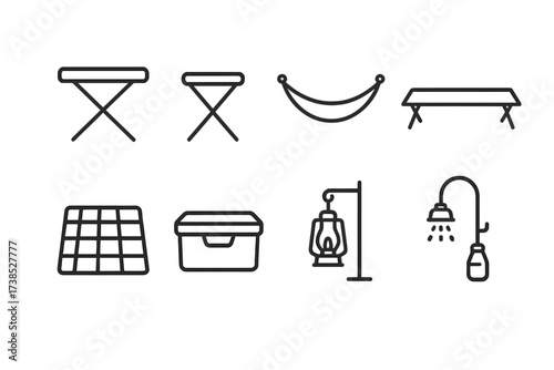 Camping Furniture Icons. Outline icon set of camping furniture: foldable table, camping stool, hammock, cot bed, picnic blanket, storage box, lantern stand,