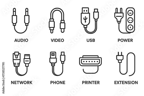 Cable and Router Icons. Outline icon set of cable types by use case: audio cable, video cable, USB cable, power cable, network cable, phone cable, printer