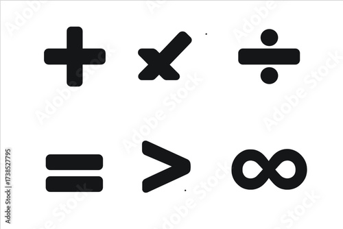 Mathematical Symbols Grid. Solid, filled icon set of mathematical symbols: plus, minus, multiplication, division, equal, greater than, less than, infinity.
