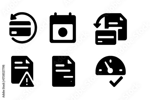 Credit Payment Icons. Solid, filled icon set of credit payment: billing cycle, due date icon, paid invoice, auto debit symbol, late fee warning, statement