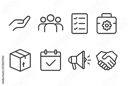 Volunteer Activity Icons. Outline icon set of volunteer activities: helping hand, group, checklist, toolbox, delivery box, calendar, megaphone, handshake. Line