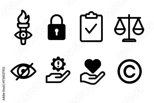 Media Ethics Icons. Solid, filled icon set of media ethics: truth, privacy, accuracy, fairness, transparency, responsibility, consent, copyright. [Line icons