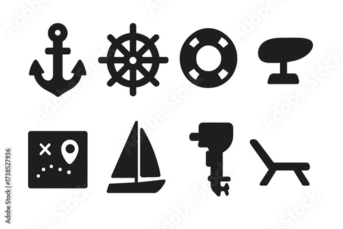 Yacht Equipment Icons. Solid, filled icon set of yacht equipment: anchor, steering wheel, lifebuoy, radar, navigation map, sail, engine, deck chair. Solid,