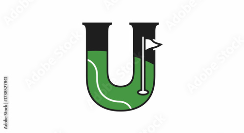 Abstract golf course design featuring the letter U with a putting green and flag
