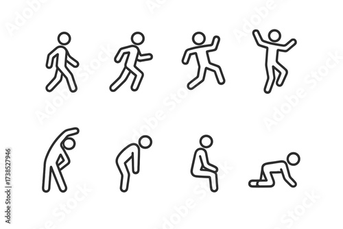 Human Movement Icons. Outline icon set of human movement: walking, running, jumping, dancing, stretching, bending, sitting, crawling. Line icons in only black
