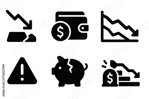 Market Downturn Icons. Solid, filled icon set of market collapse: falling stock arrow, broken wallet, damaged coin, descending line graph, warning sign,