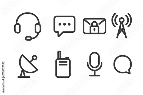 Mission Communication Icons. Outline icon set of mission communication: headset, chat bubble, encrypted message, signal tower, satellite dish, walkie-talkie,