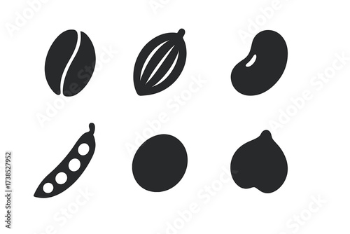 Bean Icon Set. Solid, filled icon set of beans: coffee bean, cocoa bean, kidney bean, black bean, green bean pod, soybean, lentil, chickpea. [Line icons in