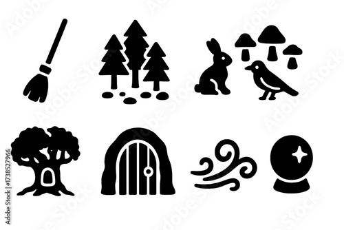 Folklore Icon Set. Solid, filled icon set of ritual broom in folklore stories: enchanted forest, fairy circle, magical animals, ancient tree, hidden door,