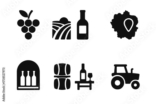 Wine Icon Set. Solid, filled icon set of wine regions and vineyards: grape cluster, vineyard row, wine bottle label, wine map, wine cellar, barrel room, wine