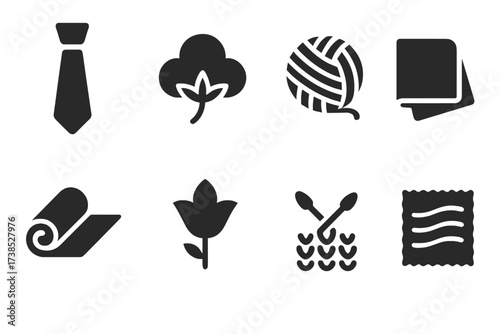 Tie Material Icons. Solid, filled icon set of tie materials: silk, cotton, polyester, wool, linen, satin, velvet, knit. [Solid, filled icons in only black