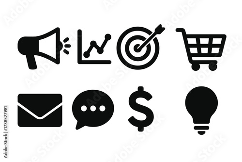 Marketing Tools Icons. Solid, filled icon set of marketing tools: megaphone, analytics graph, target, shopping cart, email, social media, dollar sign, light
