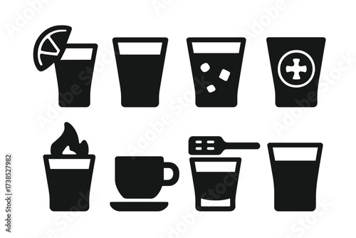Popular Drink Shots Icons. Solid, filled icon set of popular shot types: tequila shot, vodka shot, whiskey shot, jagermeister, sambuca, espresso shot, absinthe