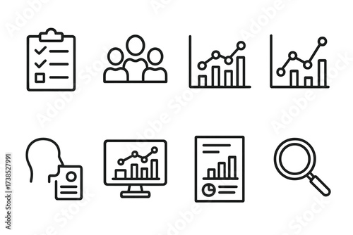 Brand Analysis Icons. Outline icon set of brand research and analysis: survey form, focus group, data chart, competitor graph, consumer profile, analytics,