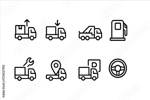 Truck Function Icons. Outline icon set of truck functions: loading, unloading, towing, refueling, maintenance, navigation, parking, driving. Line icons in only