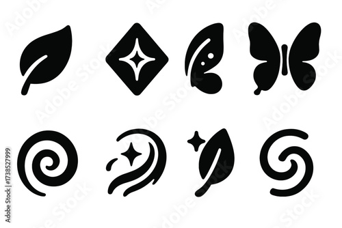 Enchanted Breeze Icons. Solid, filled icon set of enchanted breeze: floating petal, glowing rune, fairy wing, butterfly trail, charm spiral, shimmer swirl,