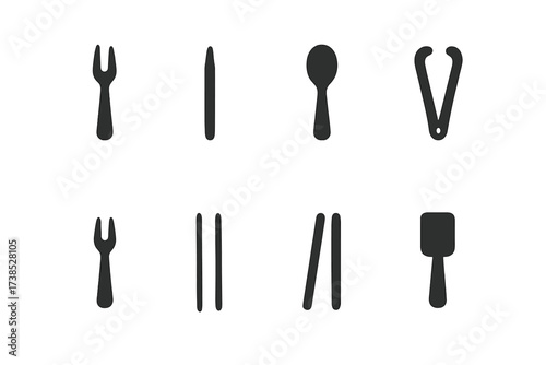 Appetizer Utensil Icons. Solid, filled icon set of appetizer utensils: cocktail fork, toothpick, small spoon, serving tongs, mini fork, skewers, chopsticks,
