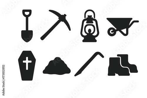 Grave Digger Icons. Solid, filled icon set of grave digger tools: shovel, pickaxe, lantern, wheelbarrow, coffin lid, dirt mound, crowbar, work boots. Solid,