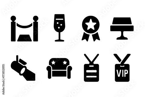 VIP Icon Set. Solid, filled icon set of VIP guest elements: red carpet, velvet rope, champagne glass, special badge, reserved table, spotlight icon, private