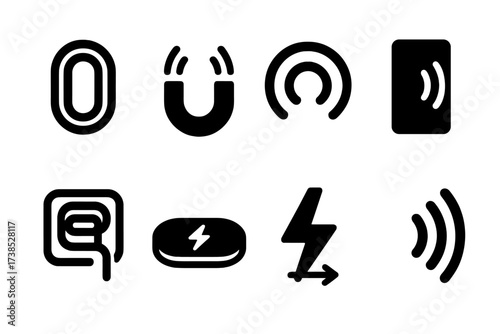 Wireless Charging Icons. Solid, filled icon set of wireless charging technology: inductive coil, magnetic field, energy waves, power transmitter, receiver