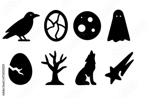 Dark Omens Icons. Solid, filled icon set of dark omens: black crow, broken mirror, blood moon, shadow figure, cracked egg, dead tree, howling wolf, falling