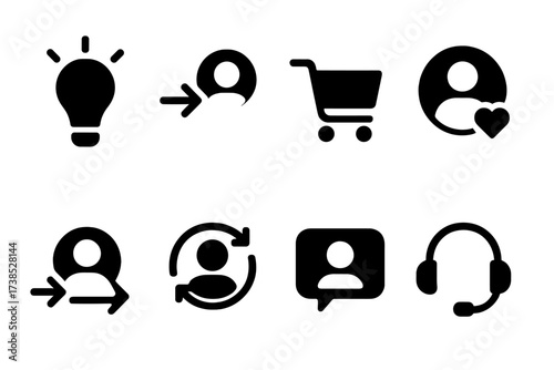 Customer Journey Icons. Solid, filled icon set of customer journey stages: awareness, consideration, purchase, retention, advocacy, onboarding, engagement,