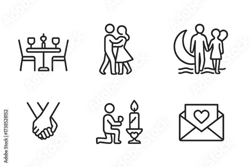 Romantic Activities Icon Set. Outline icon set of desire activities: romantic dinner, dancing couple, date night, beach walk, holding hands, proposal ring,