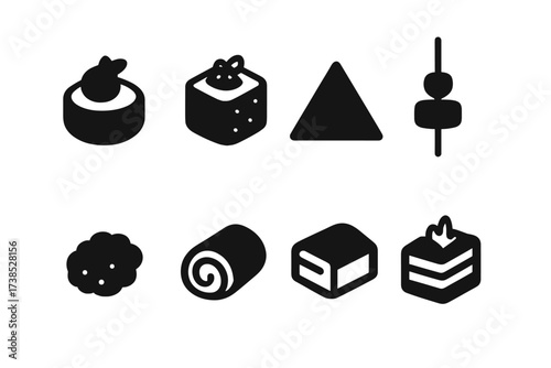 Appetizer Icon Set. Solid, filled icon set of appetizer shapes: round, square, triangle, rectangle, bite-size, skewered, rolled, layered. Line icons in only