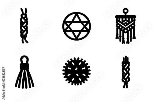 String Craft Icons. Solid, filled icon set of string crafts: friendship bracelet, string art, woven band, macrame, tassel, pom-pom, wrapped bundle, braided