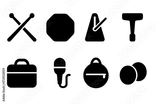 Bongo Accessories Icons. Solid, filled icon set of bongo accessories: drumsticks, practice pad, metronome, tuning key, carrying case, microphone, drum bag,