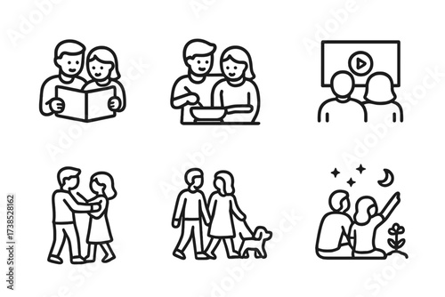 Affectionate Activities Icons. Outline icon set of affectionate activities: reading together, cooking, watching movie, dancing, walking dog,