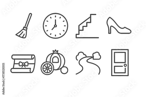 Cinderella and Sports Icons. Outline icon set of Cinderella?s journey: cleaning broom, clock, stairs, lost slipper, invitation scroll, carriage wheel, garden