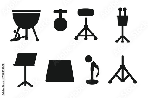 Timpani Icon Set. Solid, filled icon set of timpani setup: pedal mechanism, tuning knob, drum throne, mallet holder, music stand, drum rug,