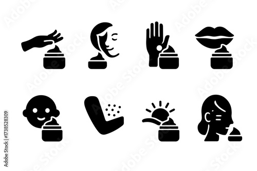 Cream Balm Icon Set. Solid, filled icon set of cream balm usage: daily moisturizing, night care, hand treatment, lip care, baby skin care, soothing rash, after