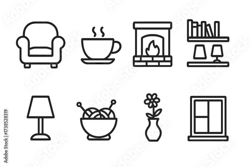 Stepmother's Cozy Icons. Outline icon set of stepmother?s home and comfort: armchair, tea cup, fireplace, bookshelf, lamp, knitting basket, flower vase,