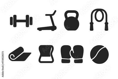 Training Equipment Icons. Solid, filled icon set of training equipment: dumbbell, treadmill, kettlebell, jump rope, yoga mat, resistance band, boxing gloves,
